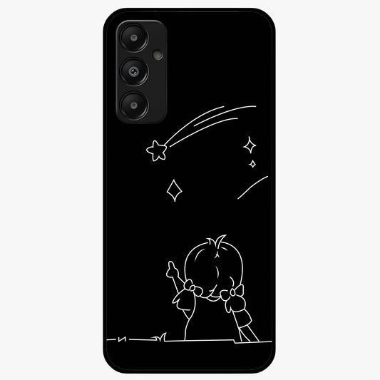 Line Art Girl With Shooting Stars Glass Case showing flat back view with minimal line art girl and shooting stars illustration and glossy glass finish.