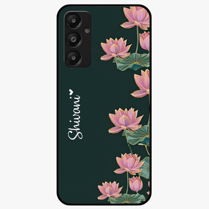 Lotus Bloom Serenity Custom Name Glass Case showing flat back view with elegant lotus flower artwork and personalized name design.
