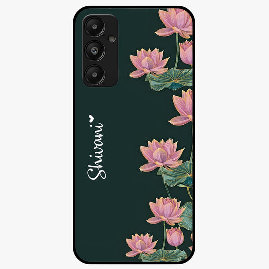 Lotus Bloom Serenity Custom Name Glass Case showing flat back view with elegant lotus flower artwork and personalized name design.