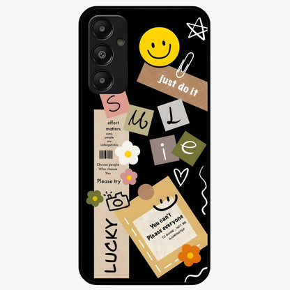 Lucky Aesthetic Collage Glass Case showing flat back view with trendy aesthetic collage artwork and glossy glass finish.