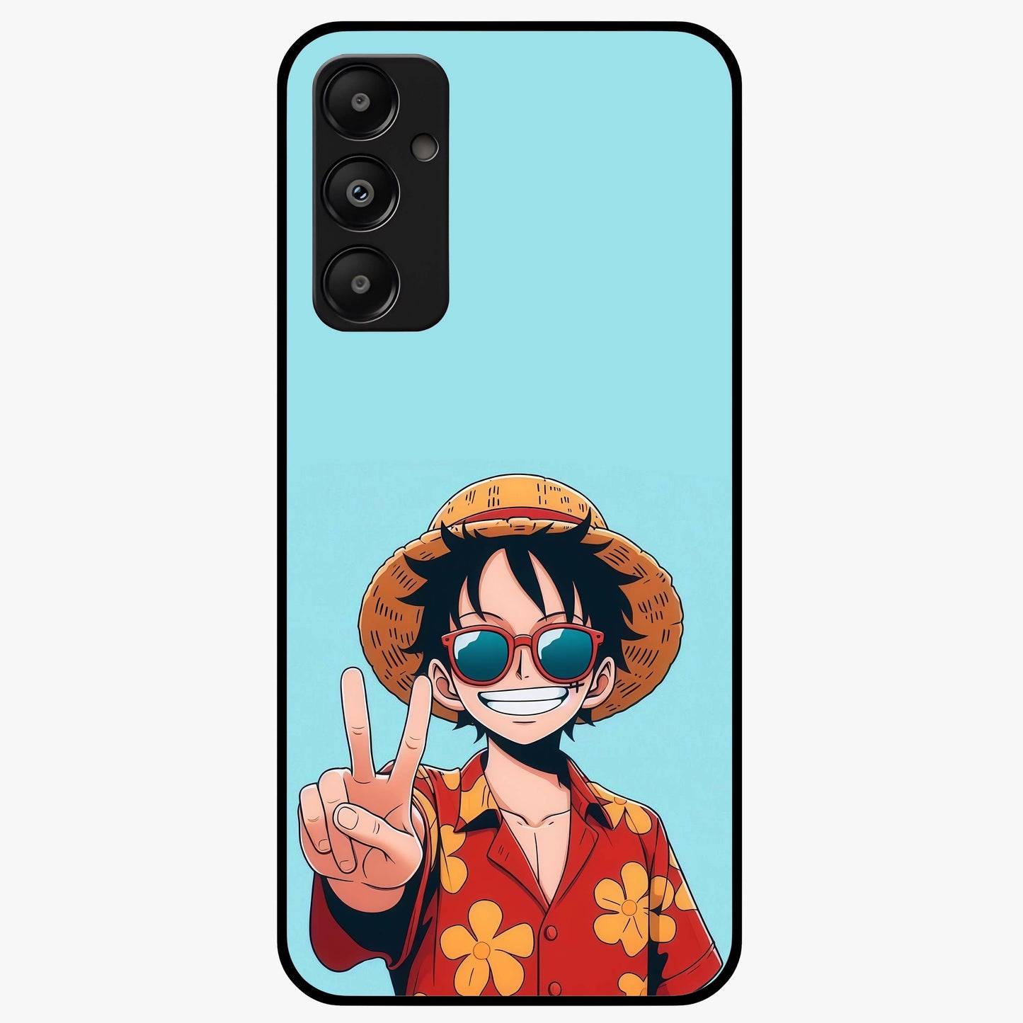 Luffy Summer Anime Vibe Glass Case showing flat back view with vibrant anime character artwork and glossy glass finish.