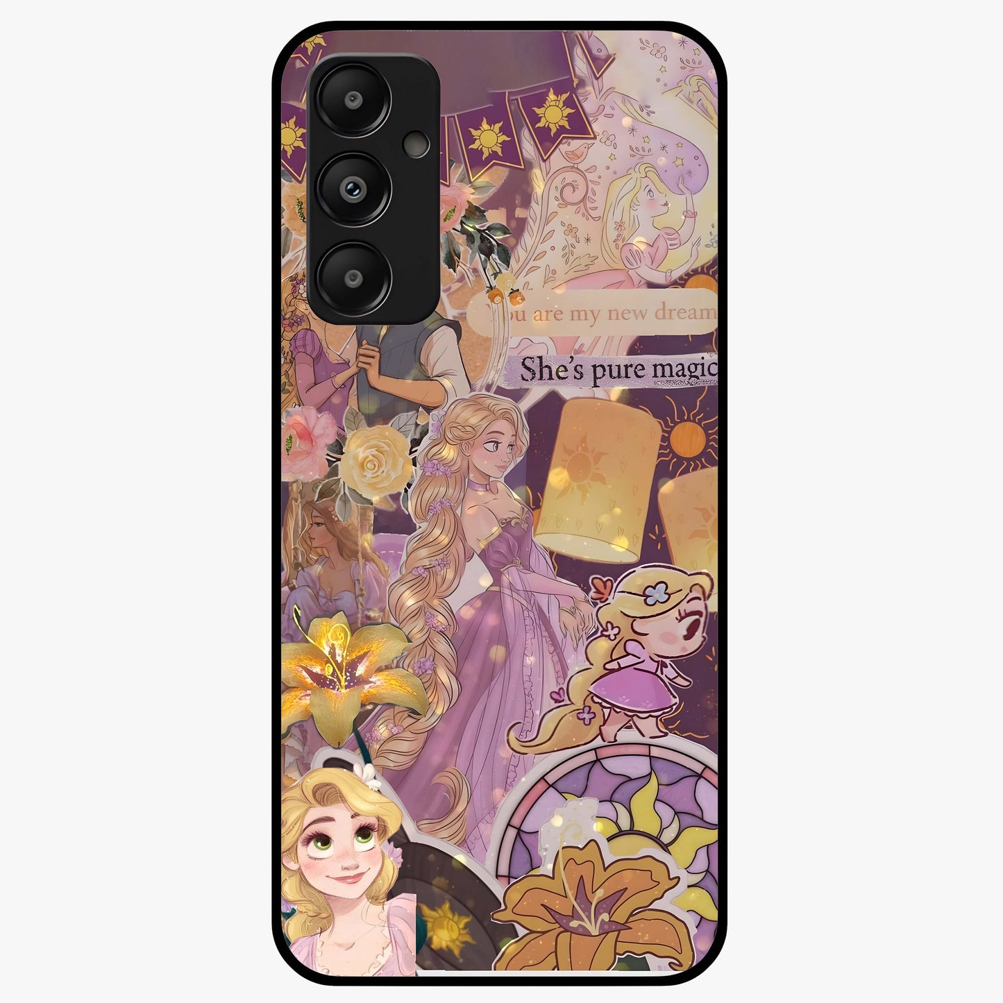Magical Tangled Dream Glass Case showing flat back view with dreamy tangled artwork and glossy glass finish.