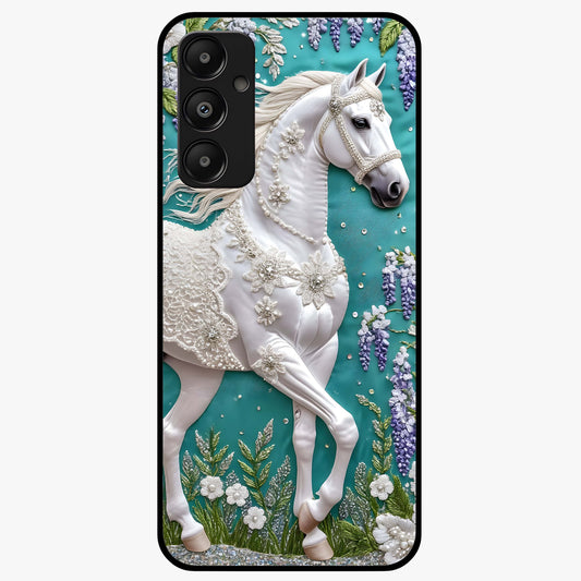 Majestic Floral Stallion Glass Case showing flat back view with powerful horse and floral artwork and glossy glass finish.