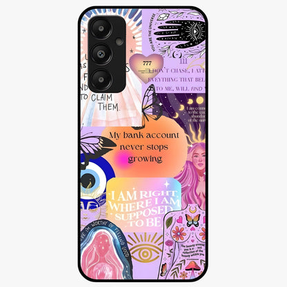 Manifestation Collage Glass Case showing flat back view with motivational collage artwork and glossy glass finish.