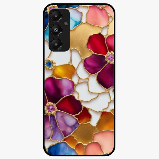 Marble Flower Pattern Glass Case showing flat back view with marble texture floral artwork and glossy glass finish.