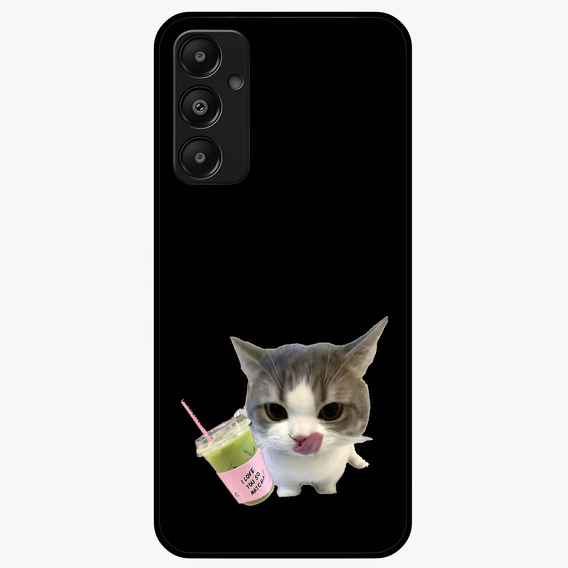 Matcha Cat Style Glass Case showing flat back view with cute matcha themed cat artwork and glossy glass finish.