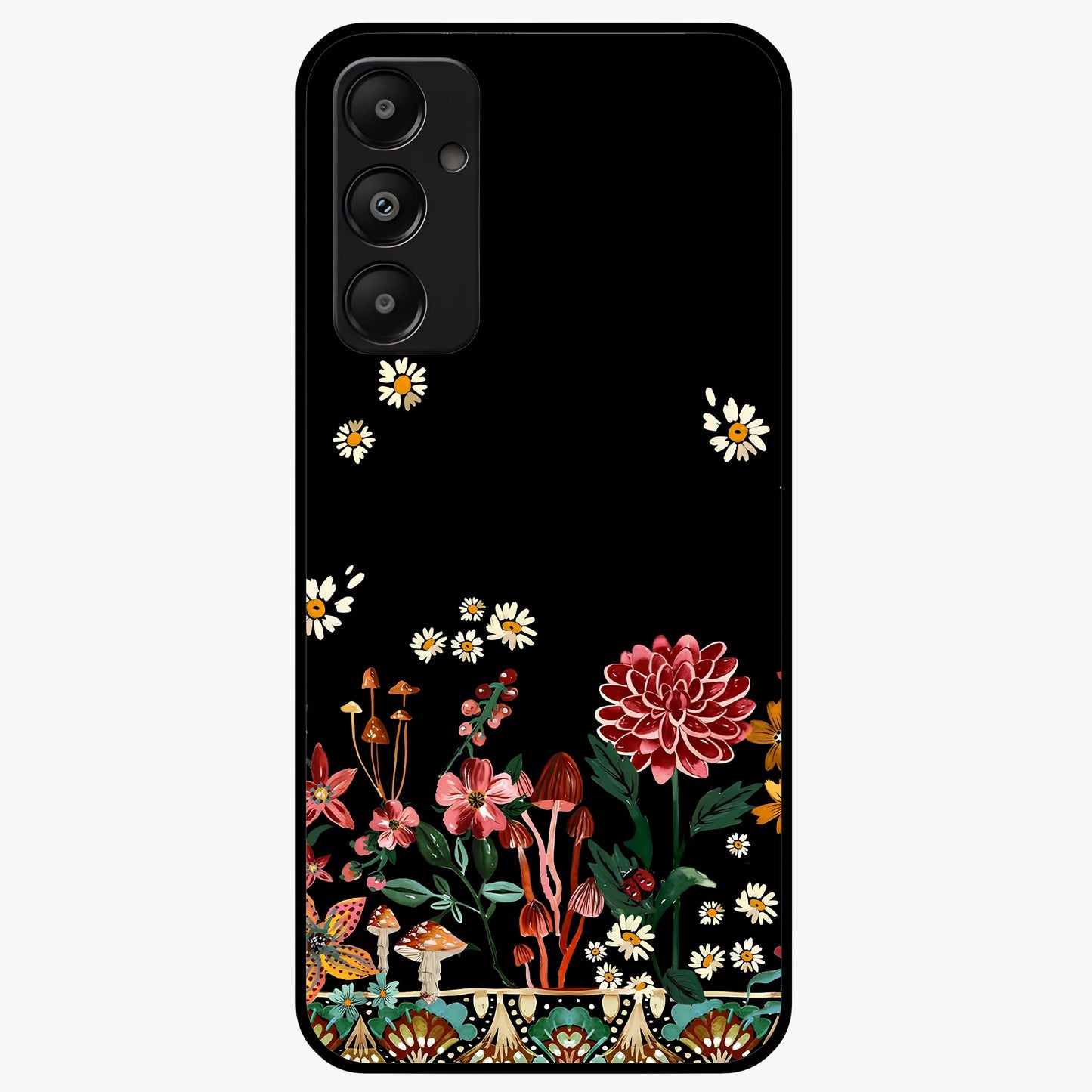 Midnight Bloom Pattern Glass Case showing flat back view with dark floral pattern artwork and glossy glass finish.
