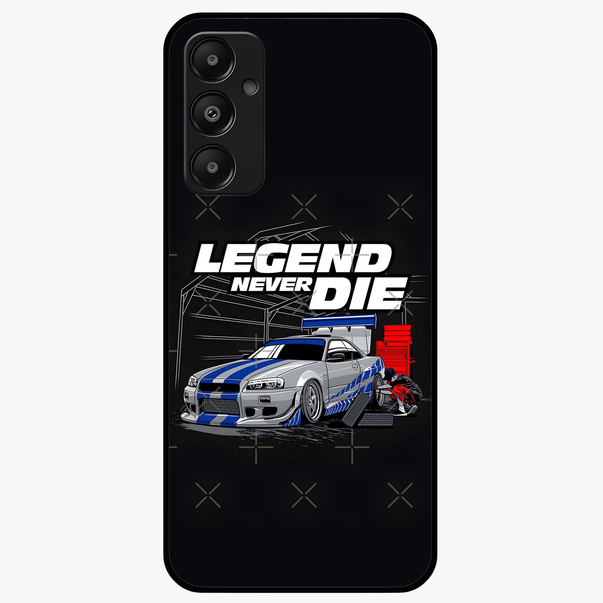 Midnight Racing Legacy Glass Case showing flat back view with sleek racing inspired artwork and glossy glass finish.