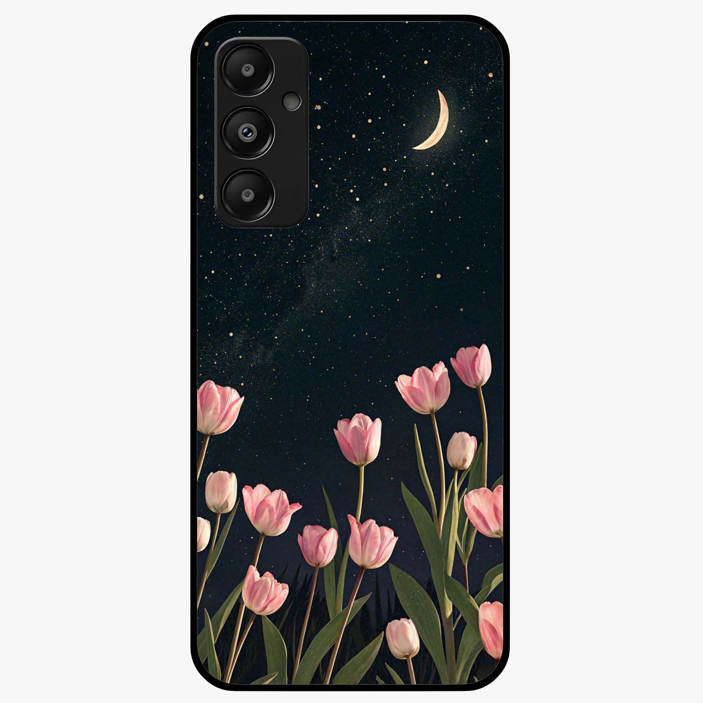 Midnight Tulip Whispers Vibe Glass Case showing flat back view with elegant tulip flower artwork and glossy glass finish.
