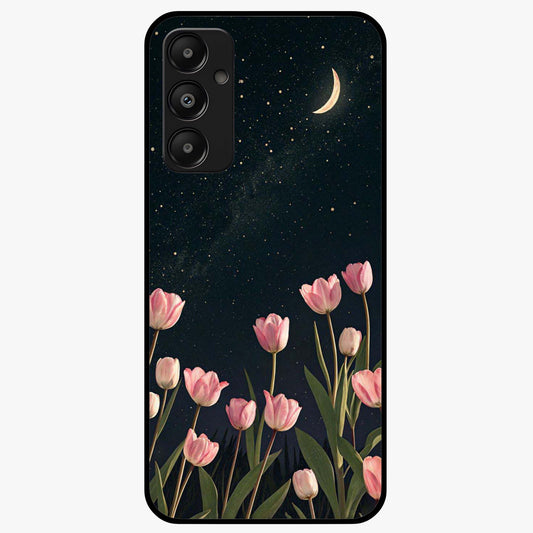 Midnight Tulip Whispers Vibe Glass Case showing flat back view with elegant tulip flower artwork and glossy glass finish.
