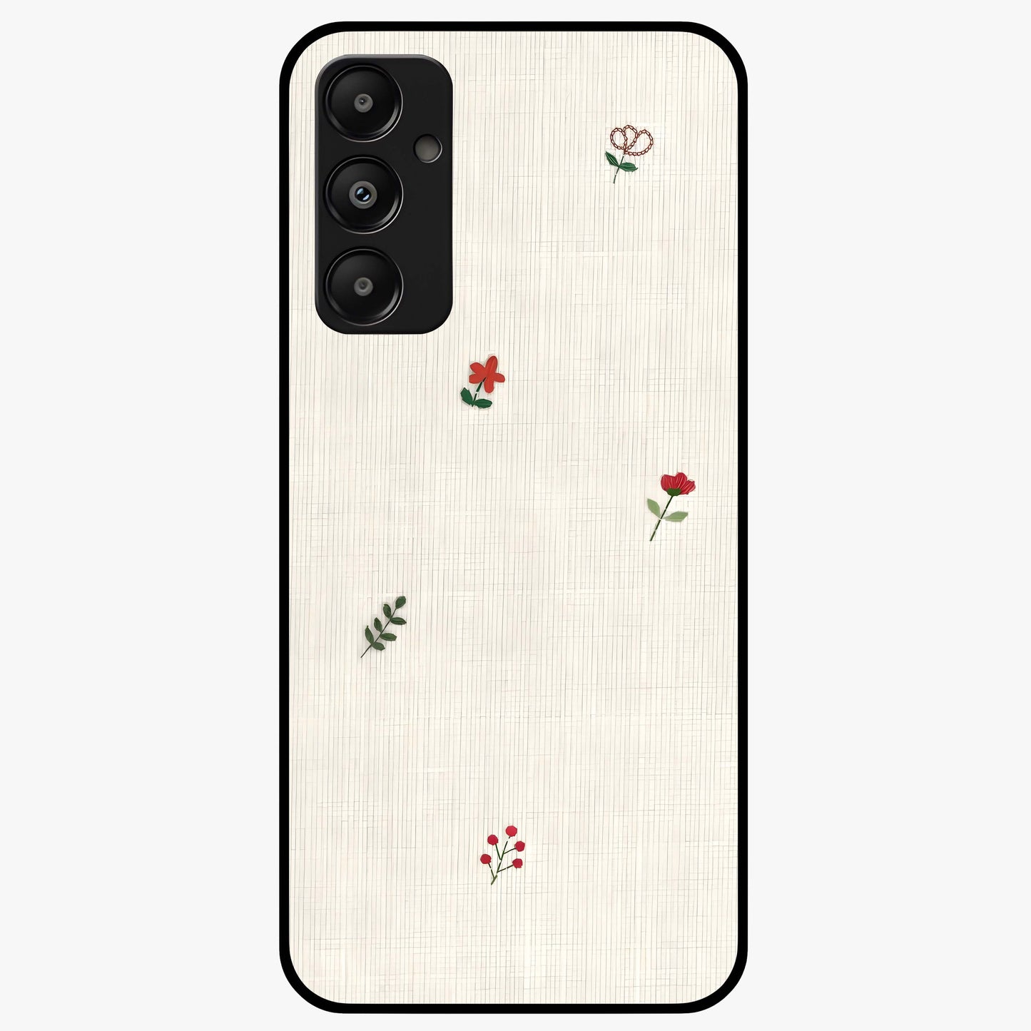 Minimal Petal Whispers Glass Case showing flat back view with soft minimal floral artwork and glossy glass finish.