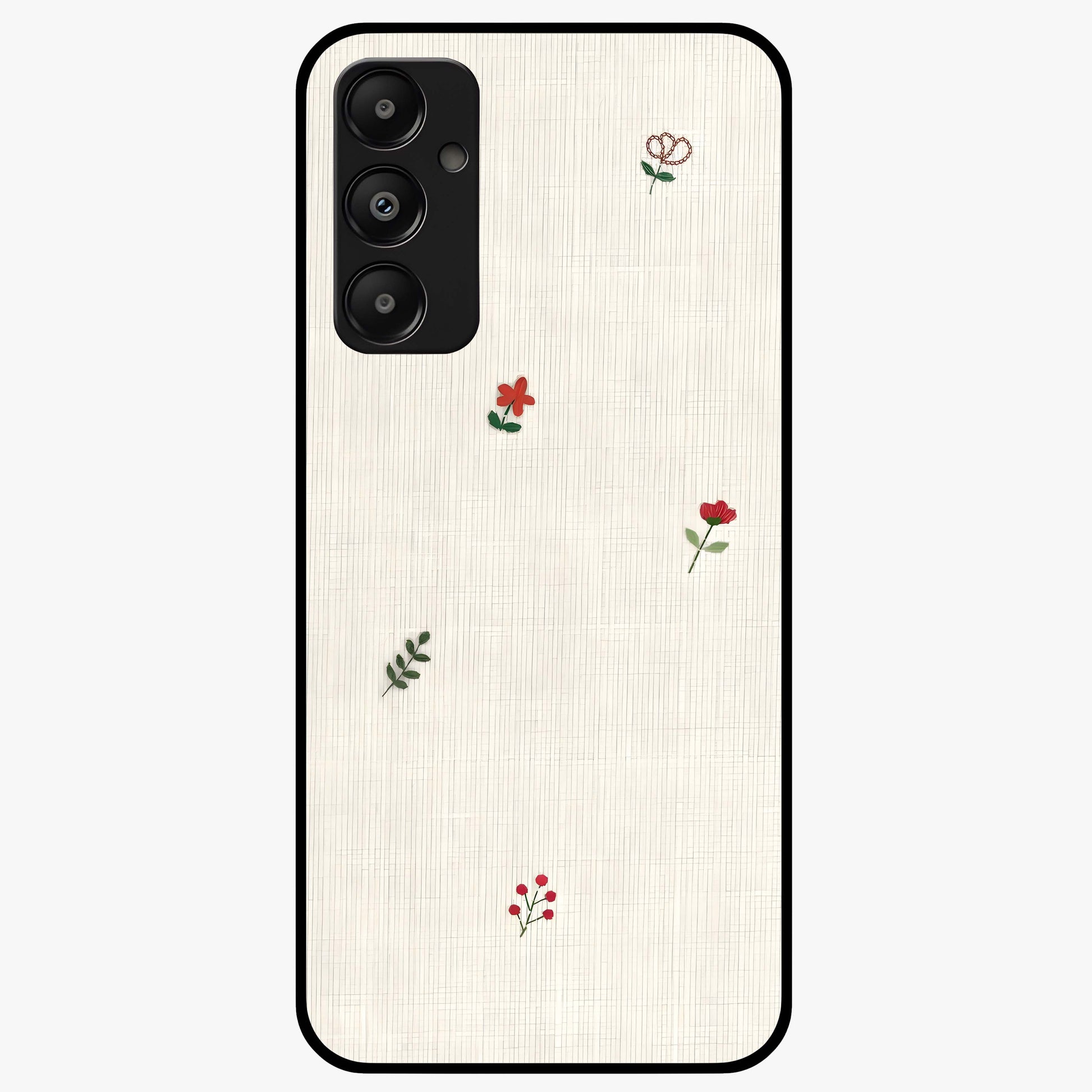 Minimal Petal Whispers Glass Case showing flat back view with soft minimal floral artwork and glossy glass finish.