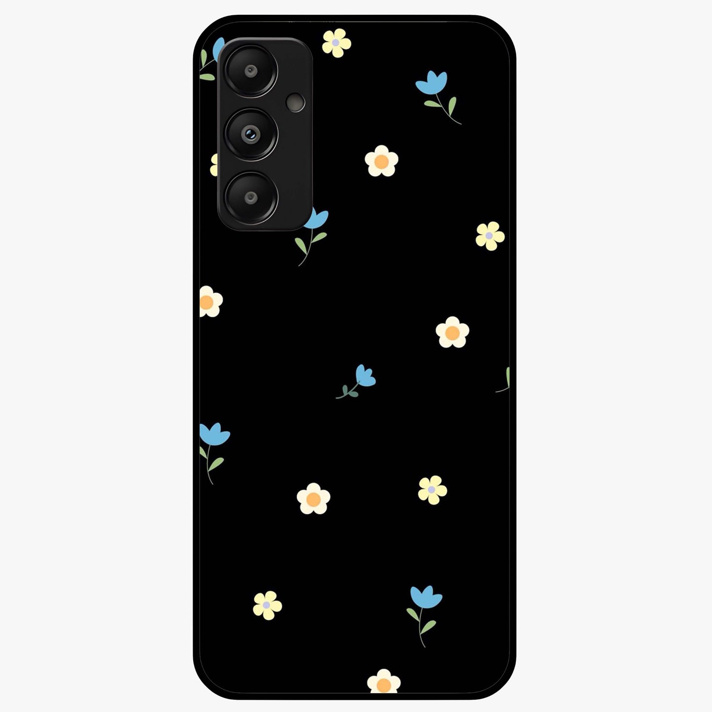 Minimalistic Blue With White Flower Pattern Glass Case showing flat back view with blue background and white flower pattern and glossy glass finish.