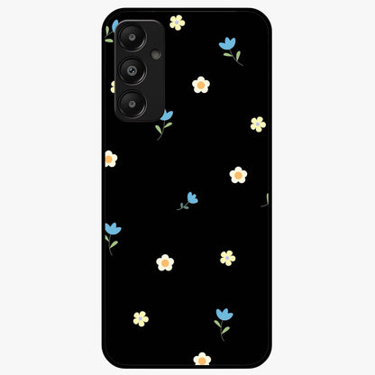 Minimalistic Blue With White Flower Pattern Glass Case showing flat back view with blue background and white flower pattern and glossy glass finish.