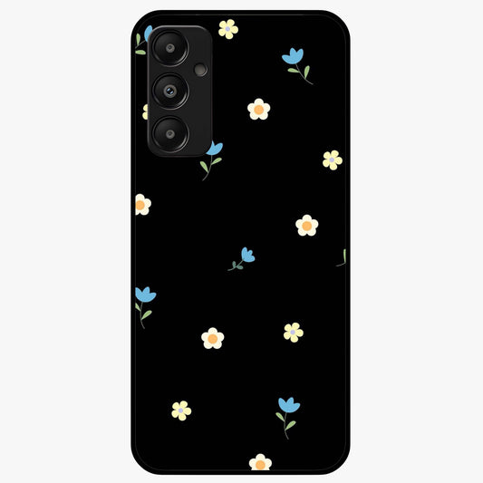 Minimalistic Blue With White Flower Pattern Glass Case showing flat back view with blue background and white flower pattern and glossy glass finish.