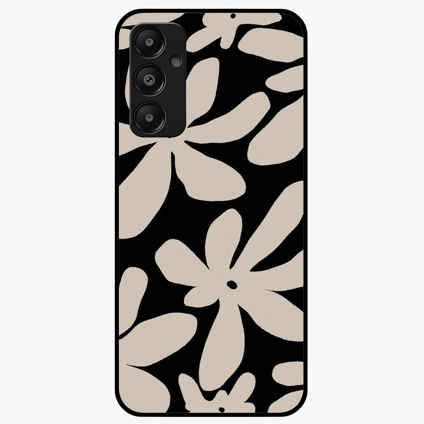 Monochrome Petal Dance Glass Case showing flat back view with monochrome floral artwork and glossy glass finish.