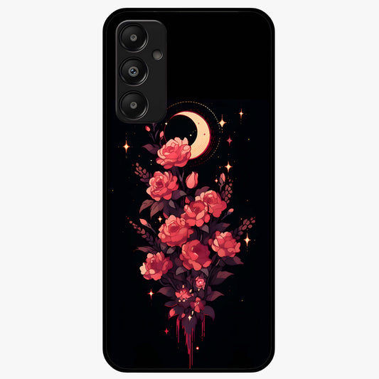 Moonlit Floral Elegance Glass Case showing flat back view with elegant floral artwork under moonlit tones and glossy glass finish.