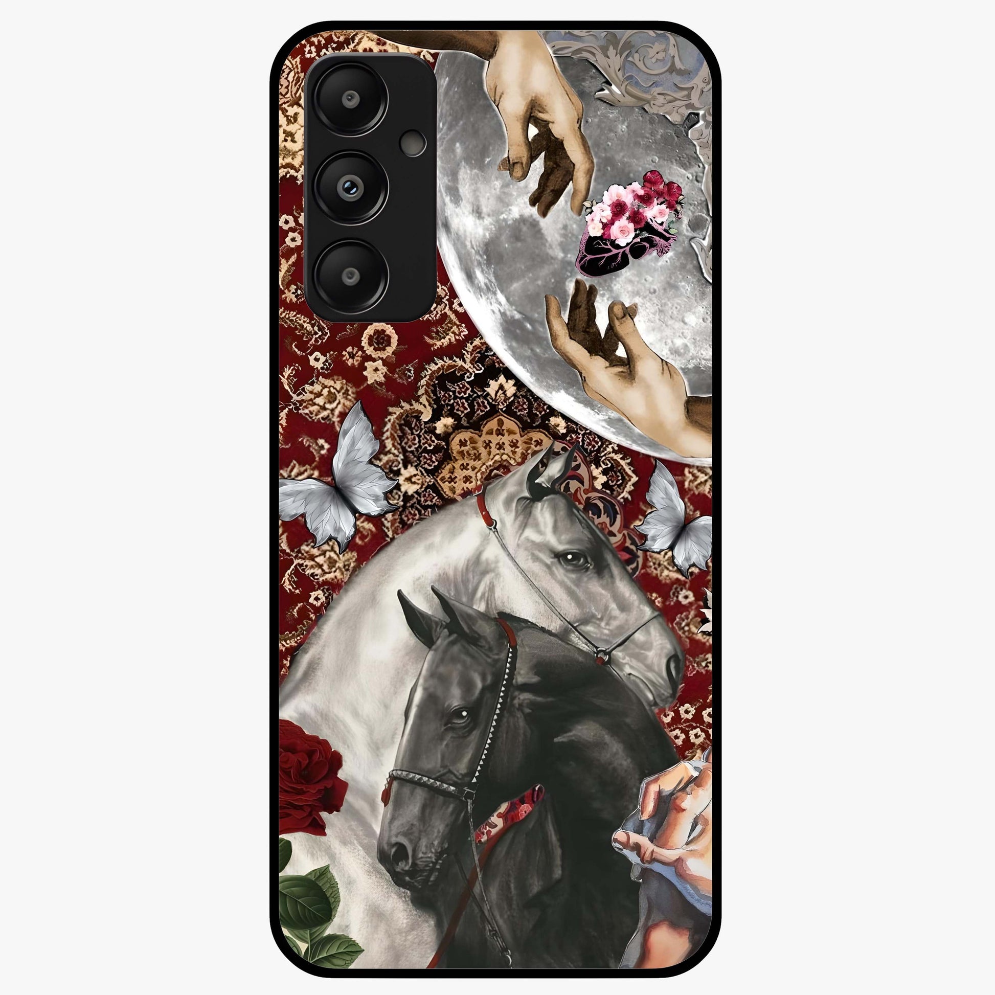 Moonlit Royal Stallion Glass Case showing flat back view with majestic horse under moonlight artwork and glossy glass finish.
