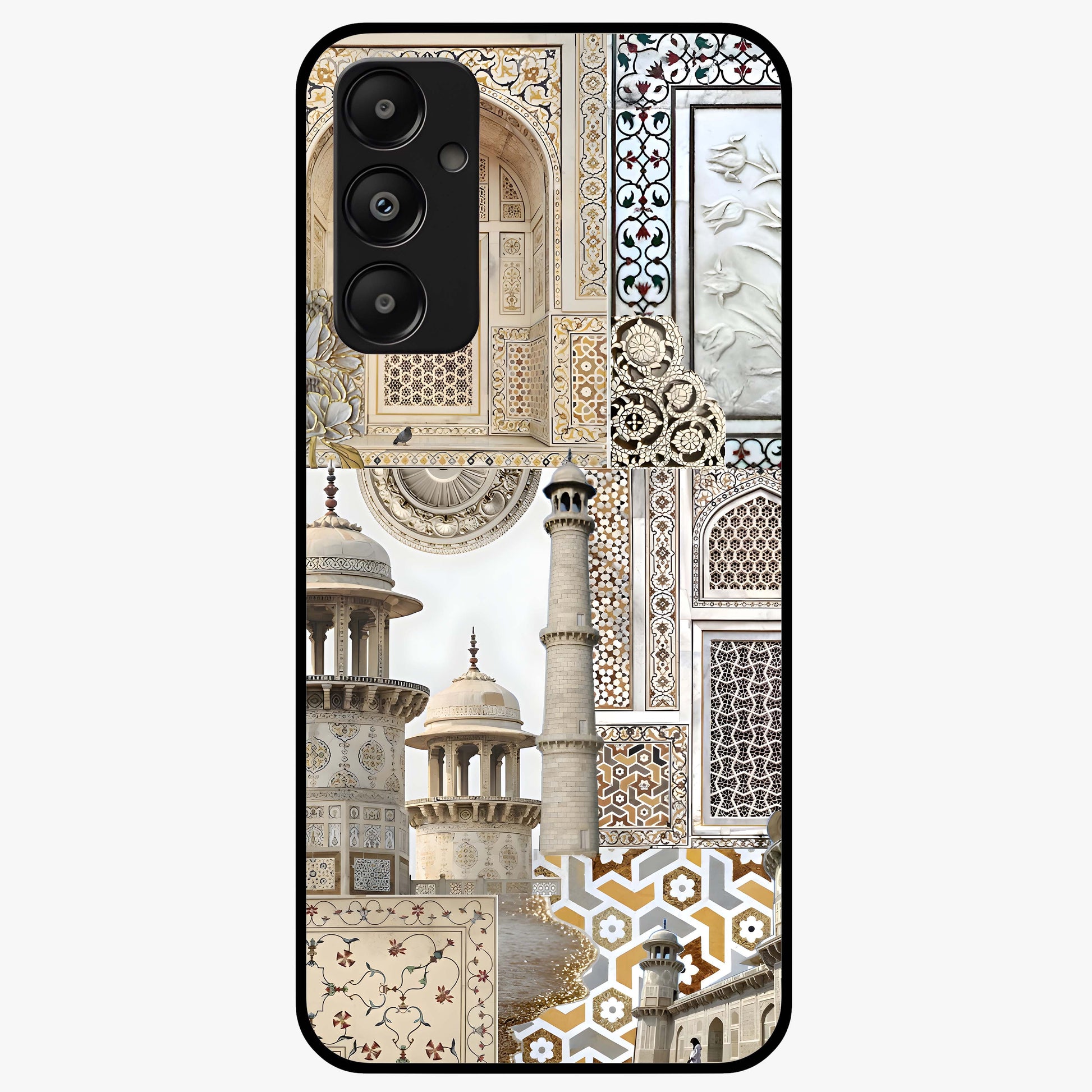 Mughal Marble Legacy Glass Case showing flat back view with intricate Mughal inspired marble pattern and glossy glass finish.