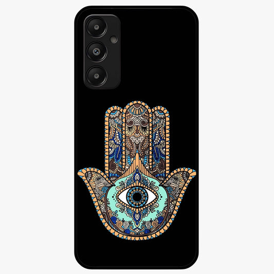 Mystic Hamsa Eye Glass Case showing flat back view with protective hamsa hand and evil eye artwork and glossy glass finish.