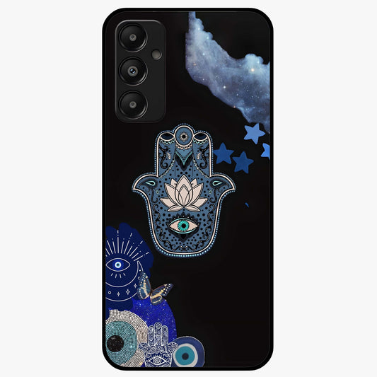 Mystic Hand Aura Glass Case showing flat back view with mystical hand symbol artwork and glossy glass finish.