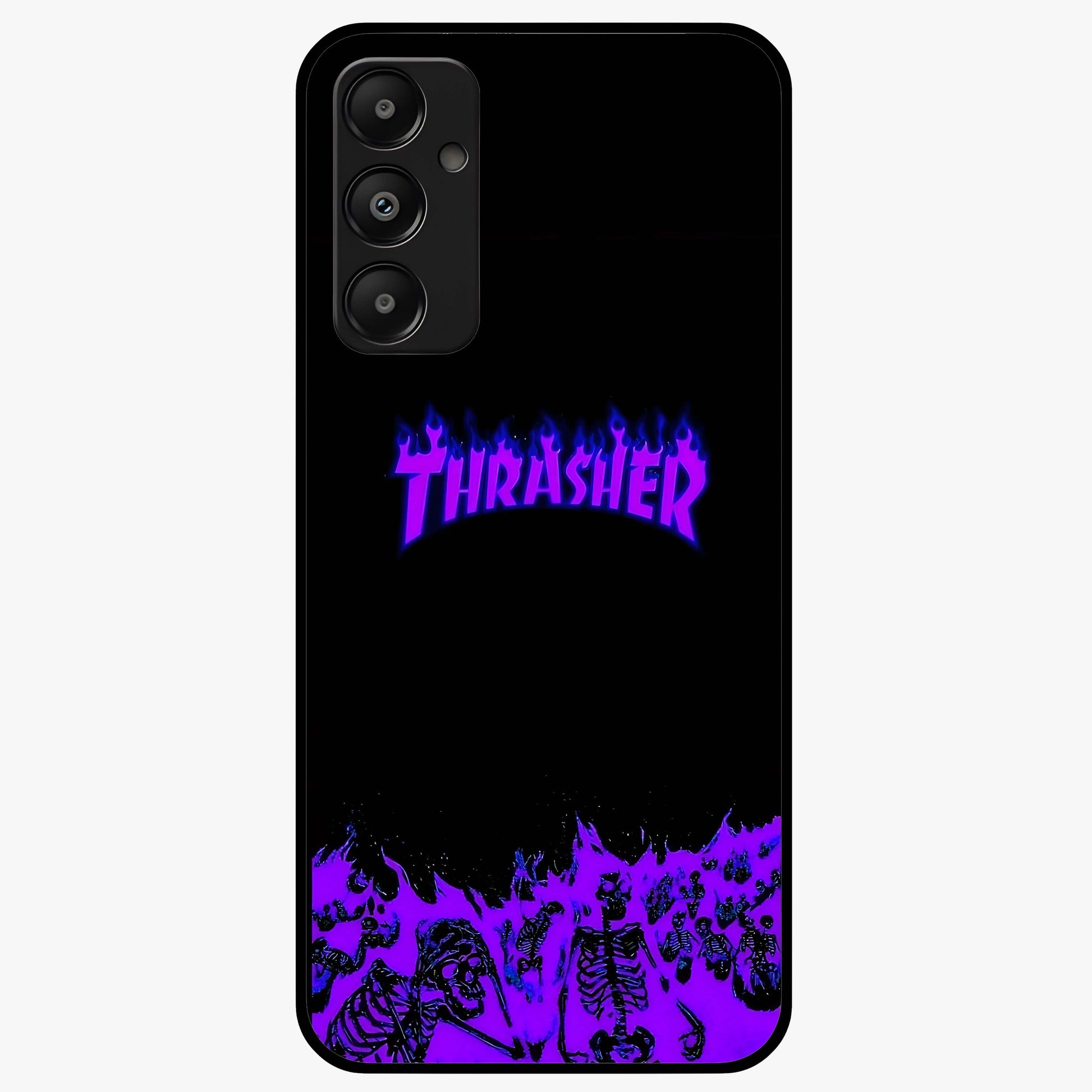 Neon Flame Riot Glass Case showing flat back view with neon flame artwork and glossy glass finish.