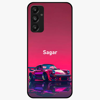 Neon Pink Porsche Glass Case showing flat back view with stylish sports car artwork and glossy glass finish.
