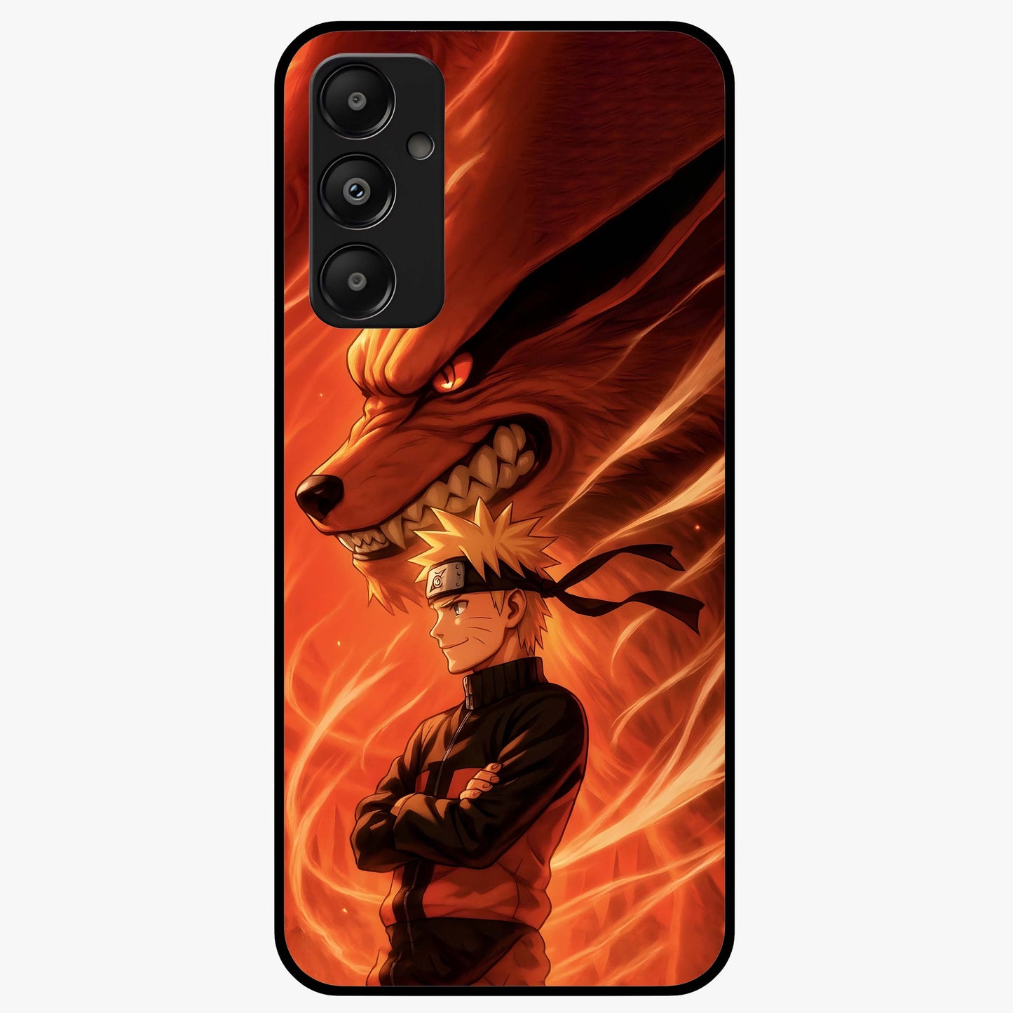 Nine Tails Legacy Glass Case showing flat back view with powerful nine-tailed fox inspired artwork and glossy glass finish.