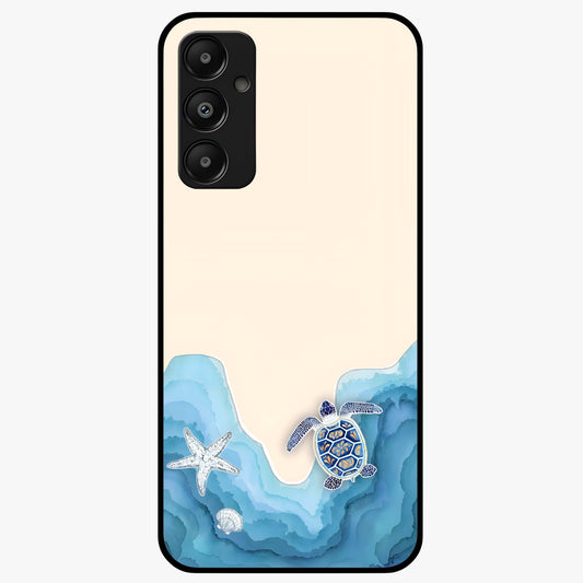 Ocean Drift Turtle Glass Case showing flat back view with sea turtle artwork and glossy glass finish.