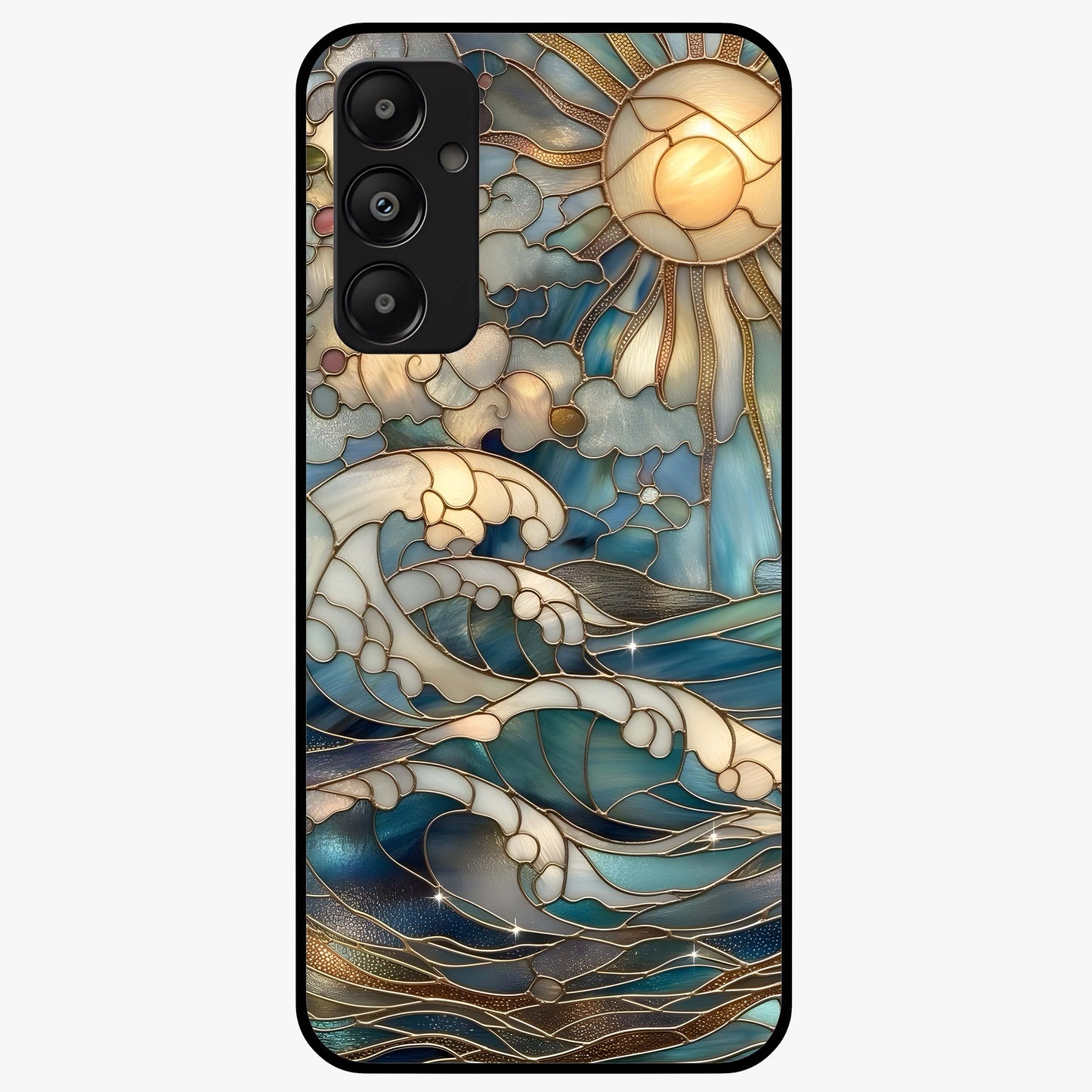 Oceanic Stained Printed Glass Case showing flat back view with ocean inspired stained pattern artwork and glossy glass finish.