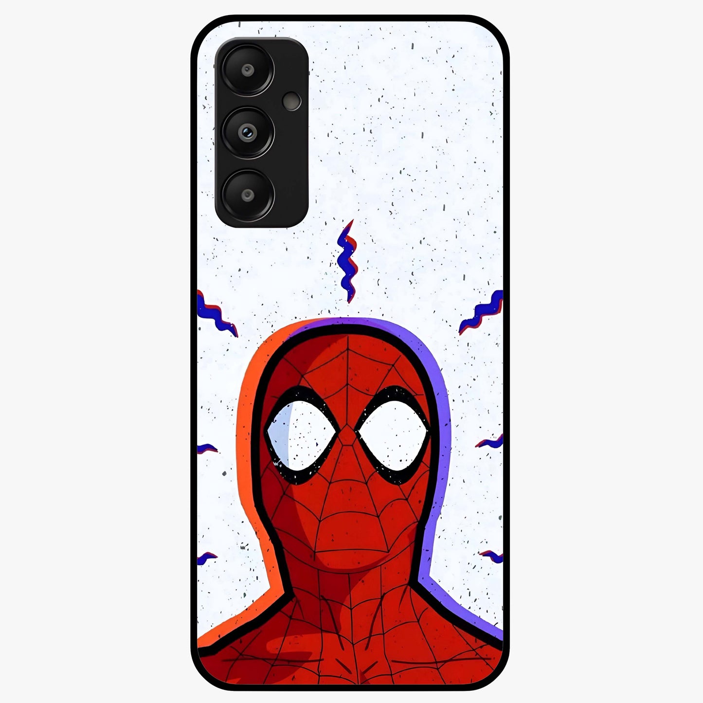 Omg Spiderman Glass Case showing flat back view with bold superhero inspired artwork and glossy glass finish.