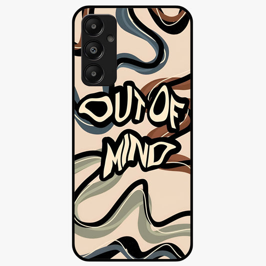 Out Of Mind Glass Case showing flat back view with expressive typography artwork and glossy glass finish.