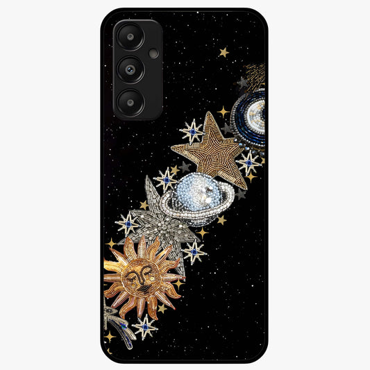Pearls Universe Object Glass Case showing flat back view with pearl inspired cosmic artwork and glossy glass finish.