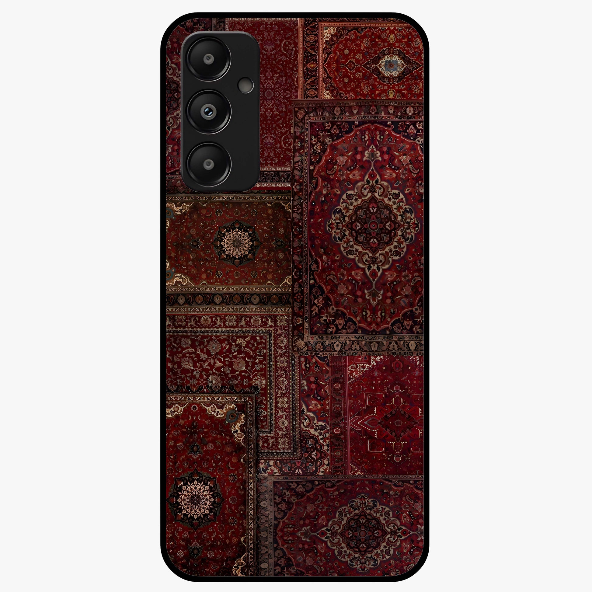 Persian Velvet Tale Glass Case showing flat back view with luxurious Persian velvet pattern artwork and glossy glass finish.