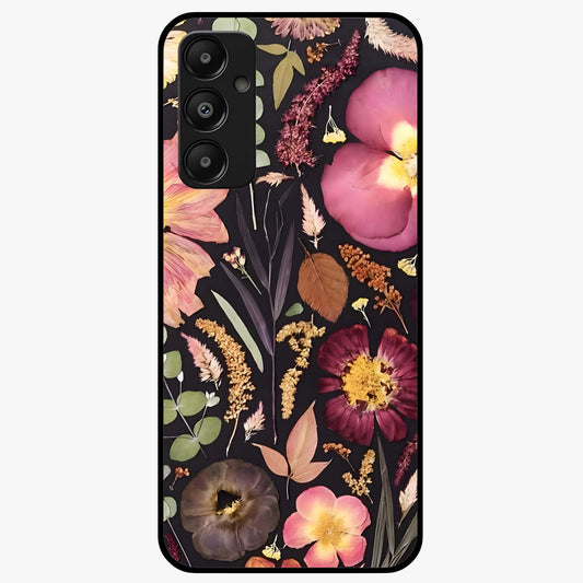 Petal Dream Tapestry Glass Case showing flat back view with intricate floral tapestry artwork and glossy glass finish.