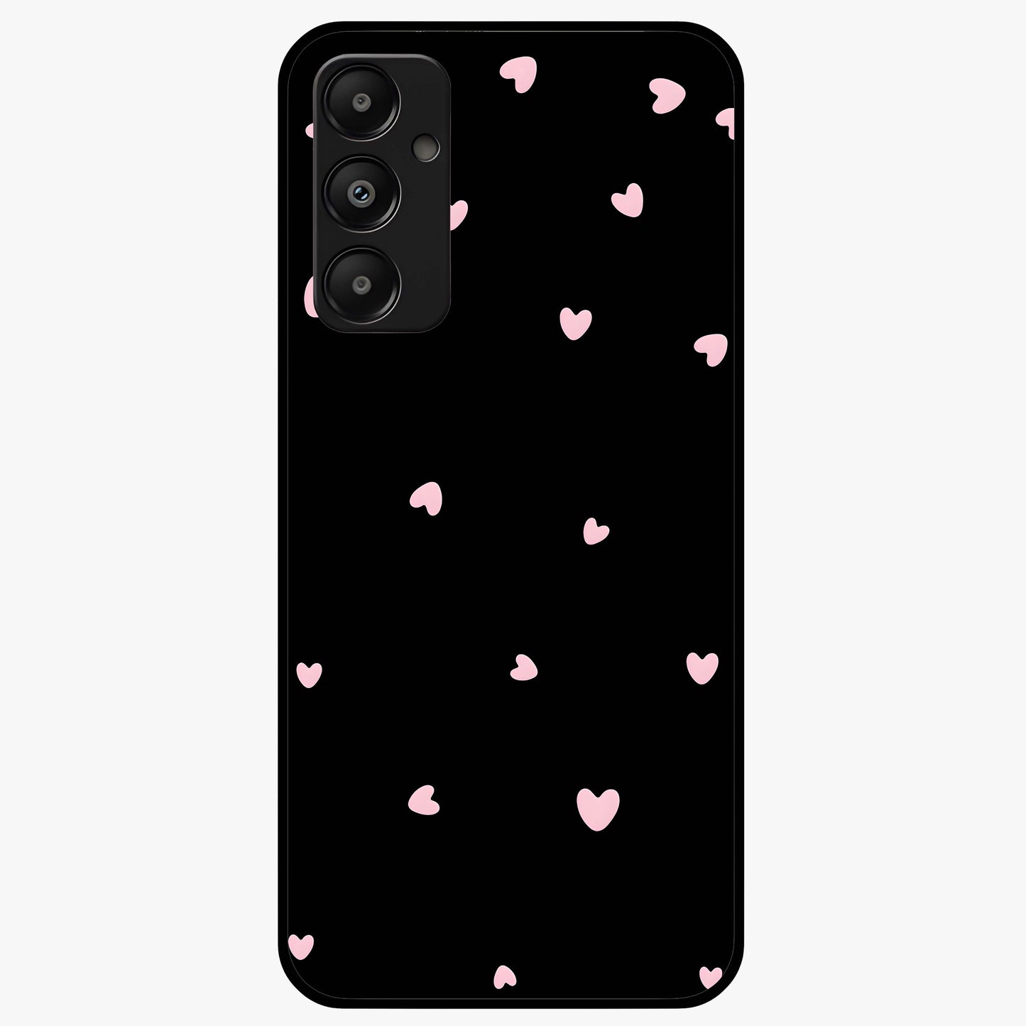 Pink Love Drops Glass Case showing flat back view with playful pink heart drops artwork and glossy glass finish.
