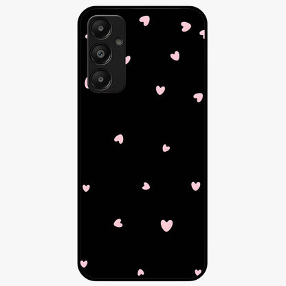 Pink Love Drops Glass Case showing flat back view with playful pink heart drops artwork and glossy glass finish.