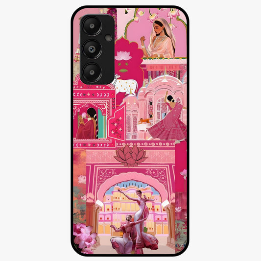Pink Palace Muse Glass Case showing flat back view with elegant palace inspired artwork and glossy glass finish.