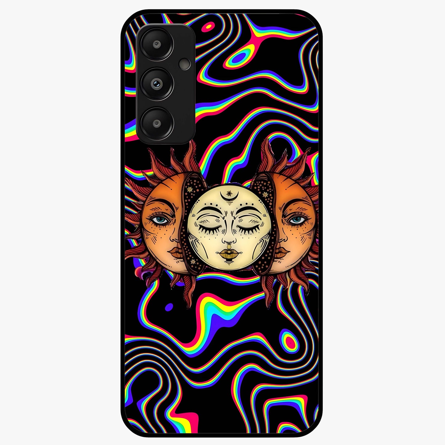 Psychedelic Sun Glass Case showing flat back view with colorful psychedelic sun artwork and glossy glass finish.