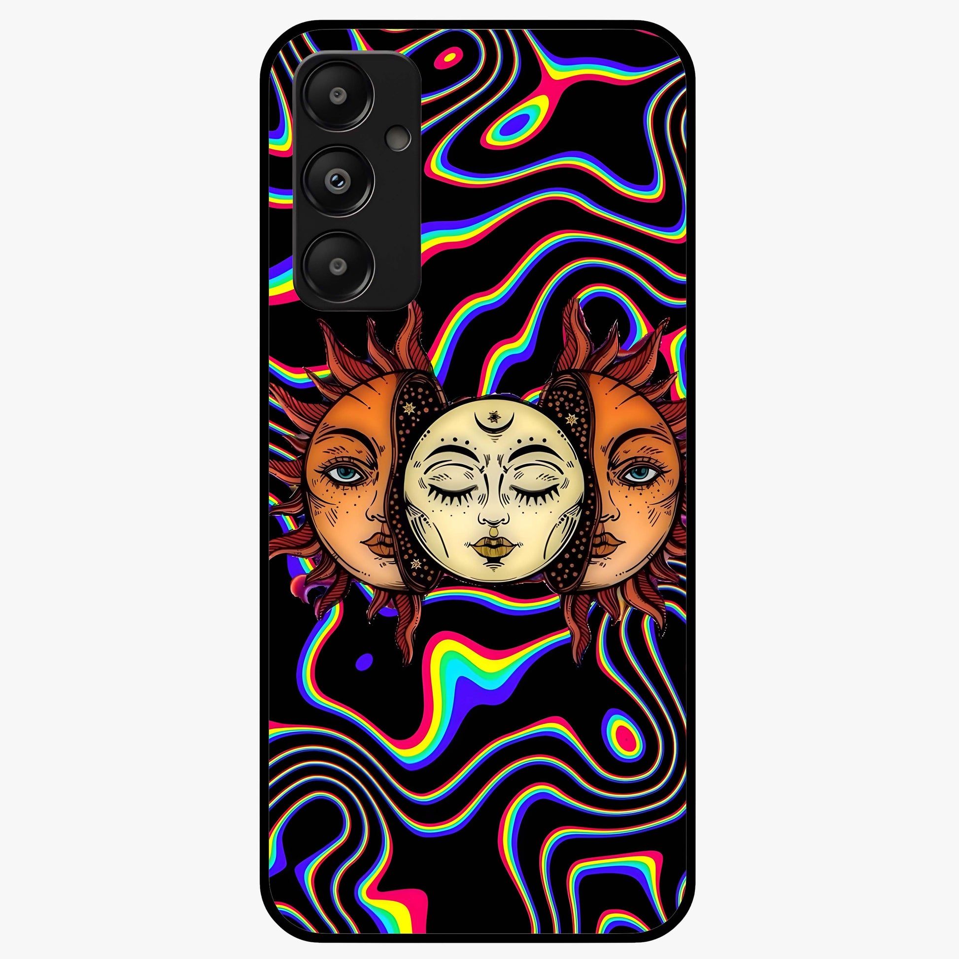 Psychedelic Sun Glass Case showing flat back view with colorful psychedelic sun artwork and glossy glass finish.