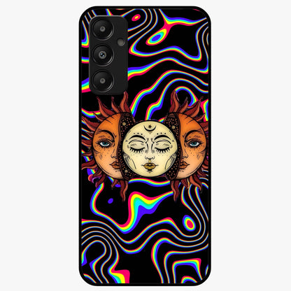 Psychedelic Sun Glass Case showing flat back view with colorful psychedelic sun artwork and glossy glass finish.