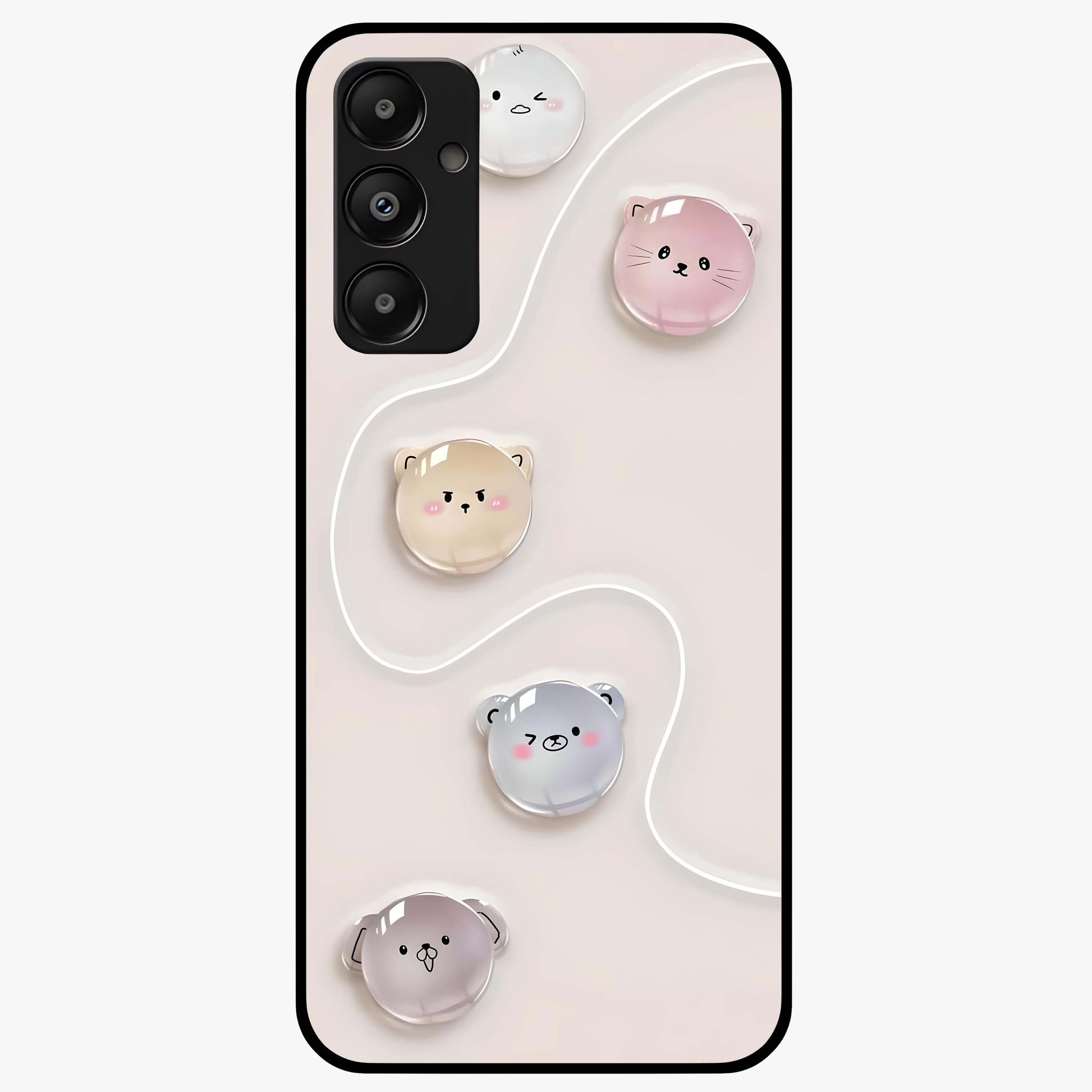 Puffy Face Parade Glass Case showing flat back view with cute puffy character faces artwork and glossy glass finish.