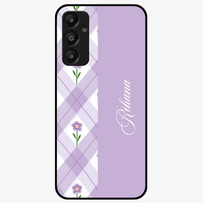 Purple Diamond Floral Glass Case showing flat back view with diamond shaped floral artwork and glossy glass finish.