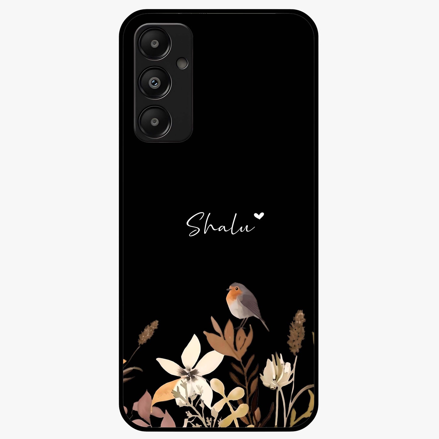 Quiet Garden Tune Custom Name Glass Case showing flat back view with peaceful garden artwork and personalized name design.