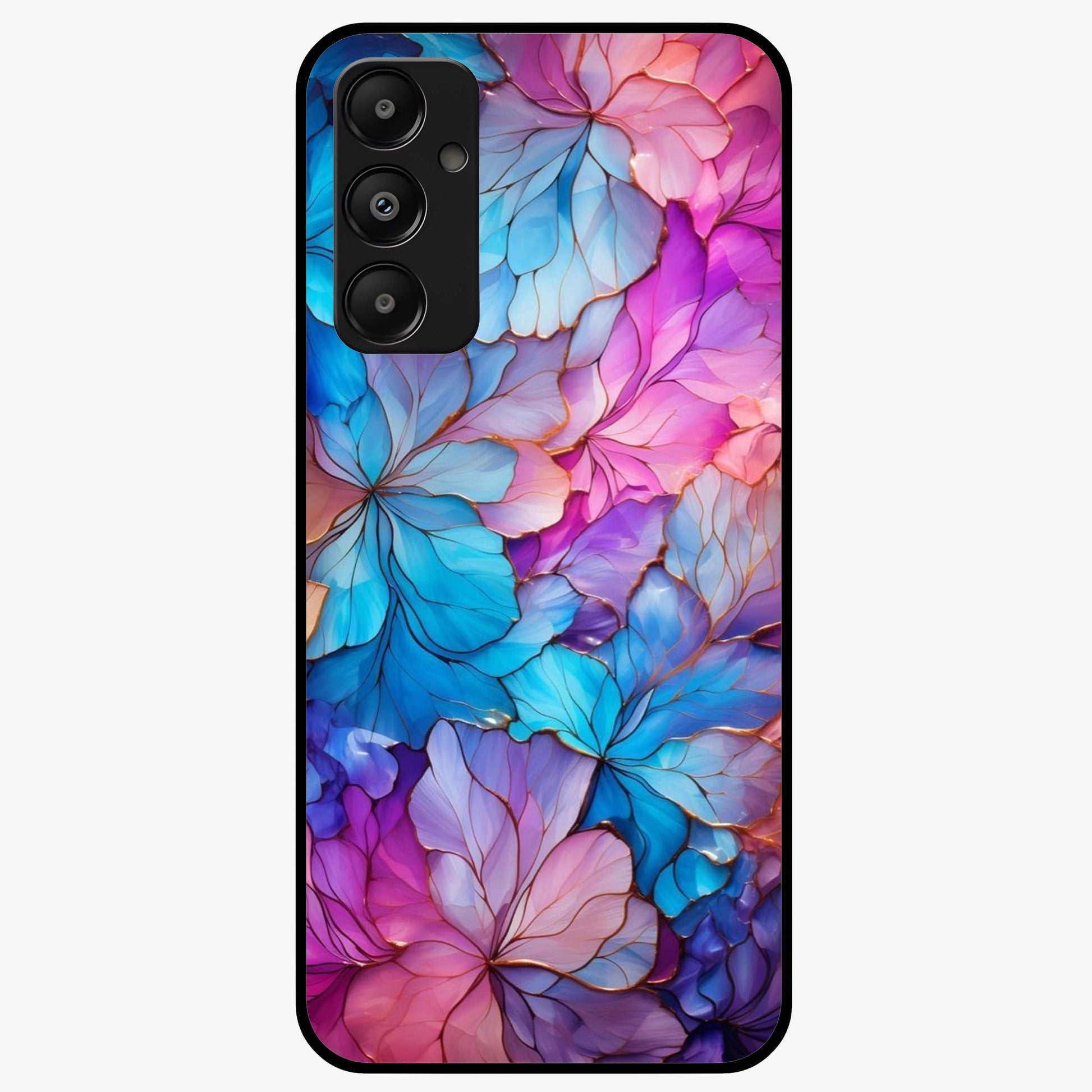 Radiant Floral Whirl Glass Case showing flat back view with swirling floral artwork and glossy glass finish.