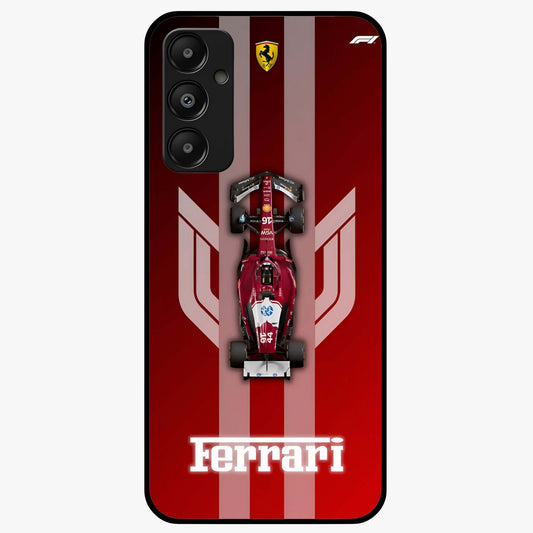 Red Ferrari F1 Vertical Glass Case showing flat back view with sleek Formula racing car artwork and glossy glass finish.