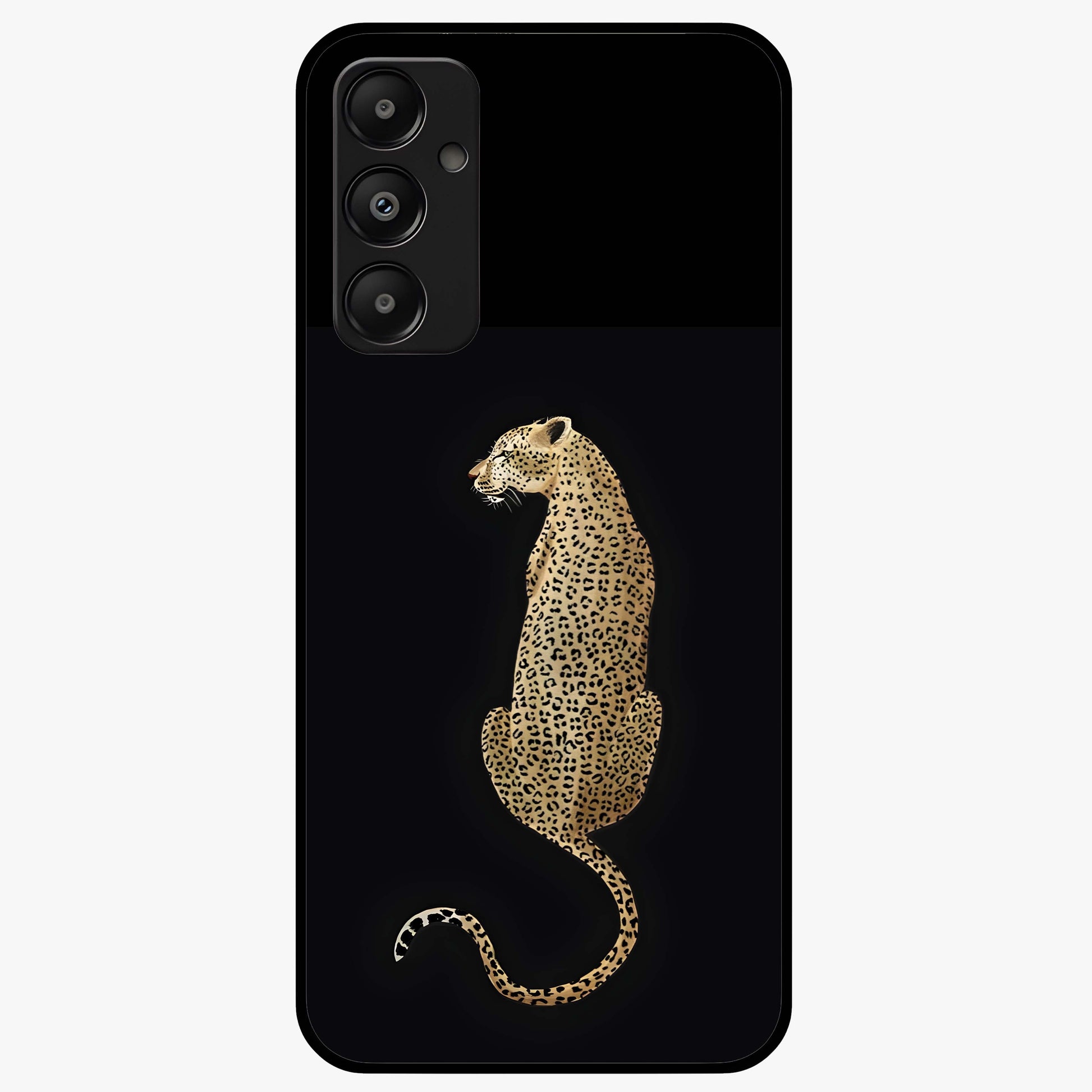 Regal Leopard Glass Case showing flat back view with bold leopard artwork and glossy glass finish.