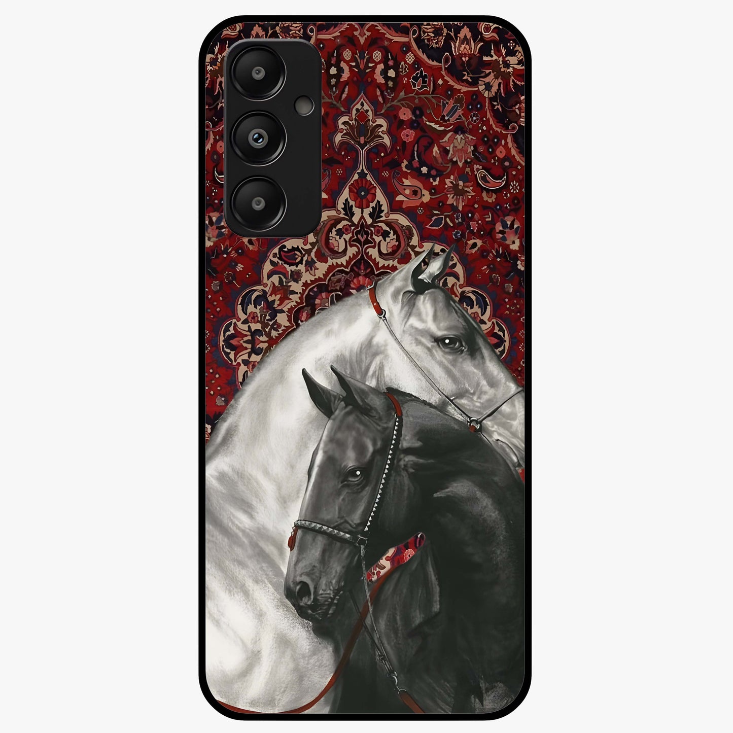 Regal Stallion Tapestry Glass Case showing flat back view with majestic horse tapestry artwork and glossy glass finish.