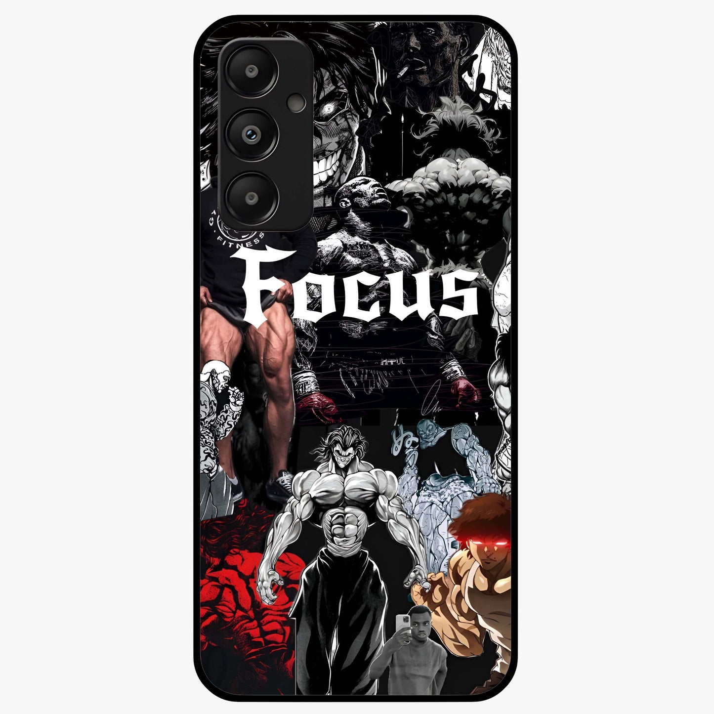 Relentless Power Focus Glass Case showing flat back view with motivational typography artwork and glossy glass finish.