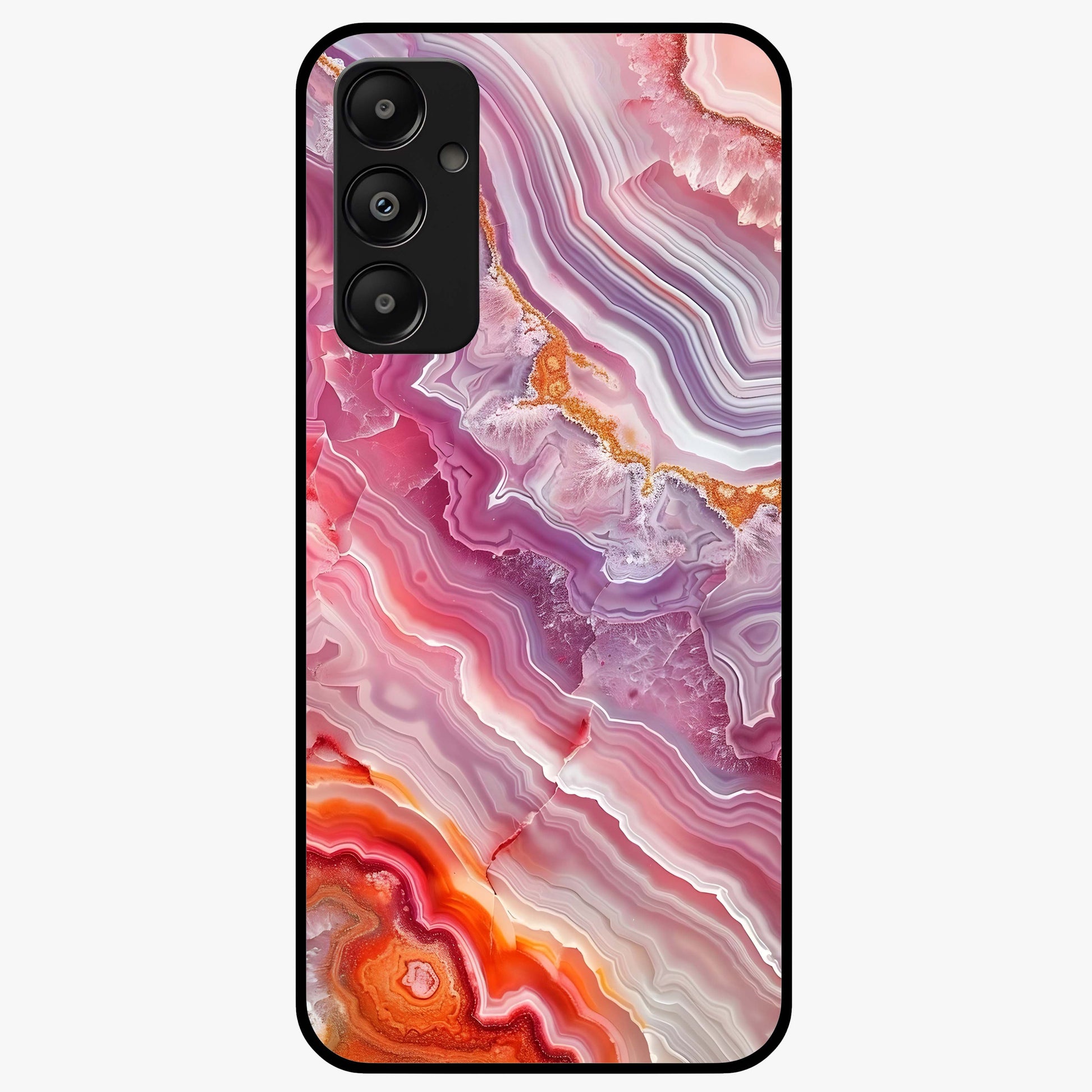 Rose Quartz Marble Glass Case showing flat back view with pink marble quartz texture artwork and glossy glass finish.